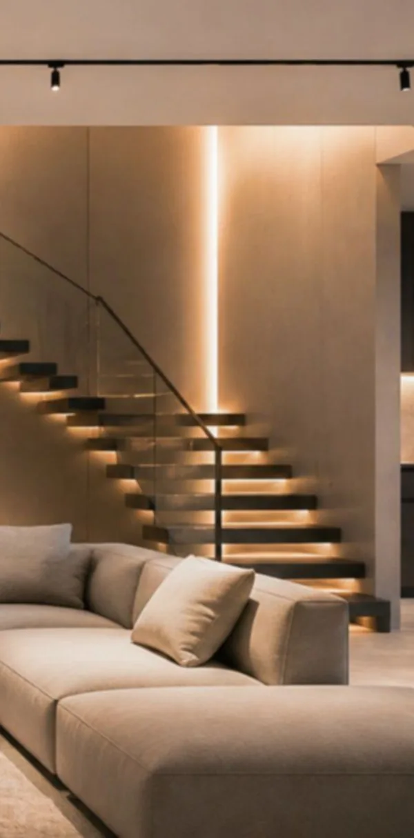 Referência ilustrativa de escada residencial iluminada com fitas LED embutidas