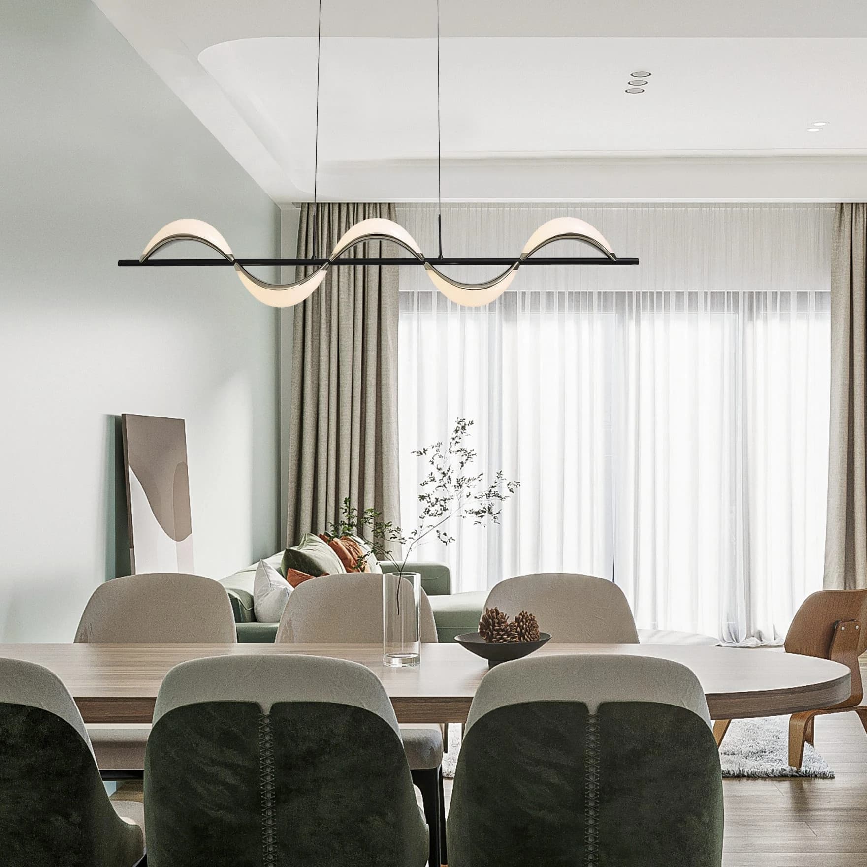 Sala de jantar com pendente linear da Usina Design.