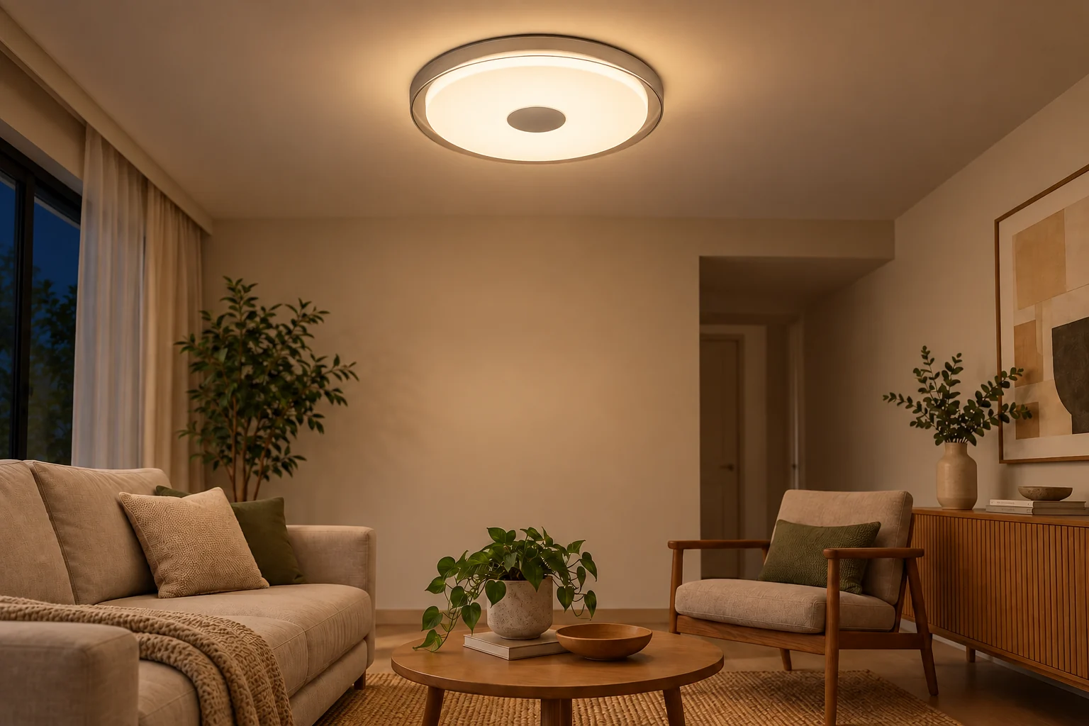 Ambientação noturna ilustrativa criada com IA: Plafon Domo Prata com iluminação acesa no ambiente