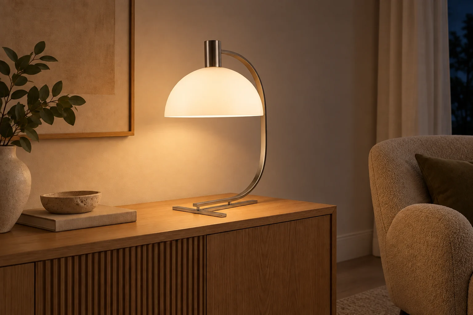 Ambientação noturna ilustrativa criada com IA: Abajur Deco Niquelado com iluminação acesa no ambiente