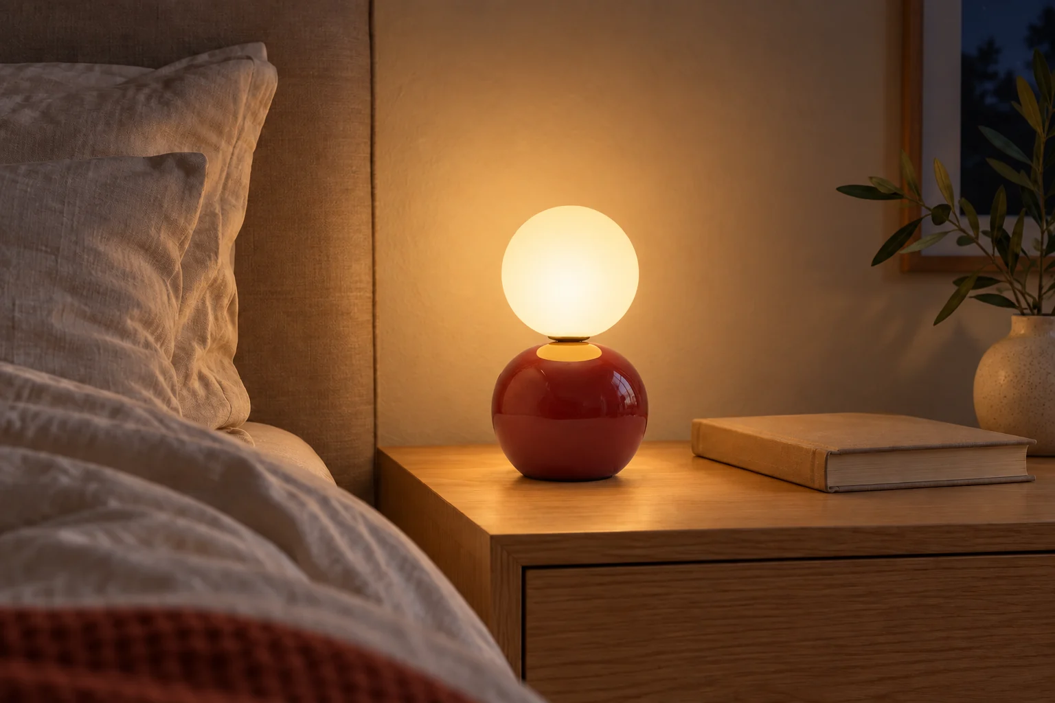 Ambientação noturna ilustrativa criada com IA: Abajur Iglu Vermelho com iluminação acesa no ambiente