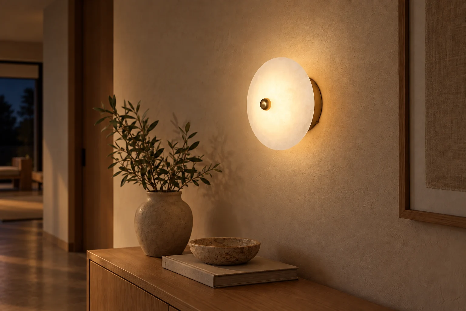 Ambientação noturna ilustrativa criada com IA: Arandela Ojo Natural com iluminação acesa no ambiente