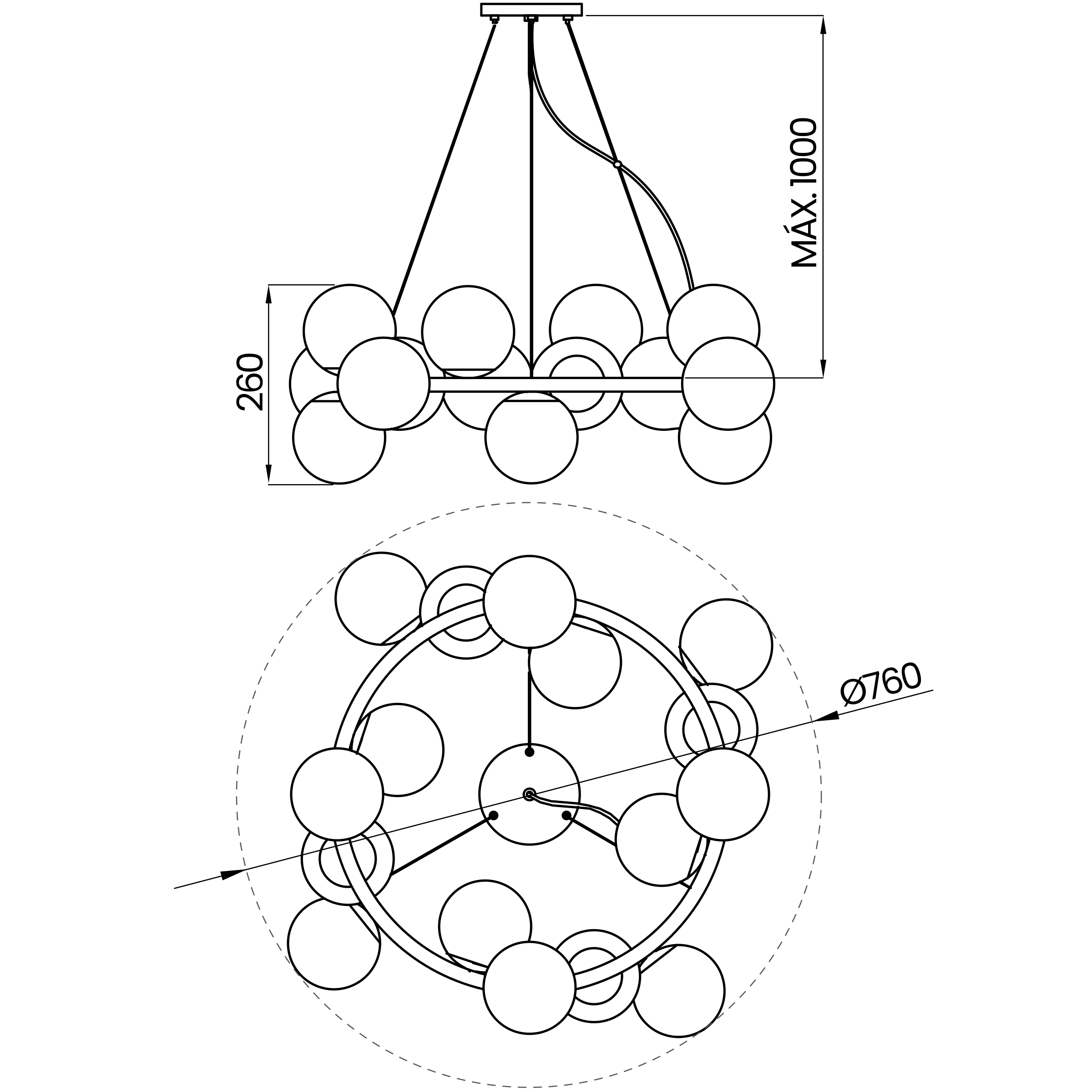 Desenho técnico cotado do pendente, da Usina Design