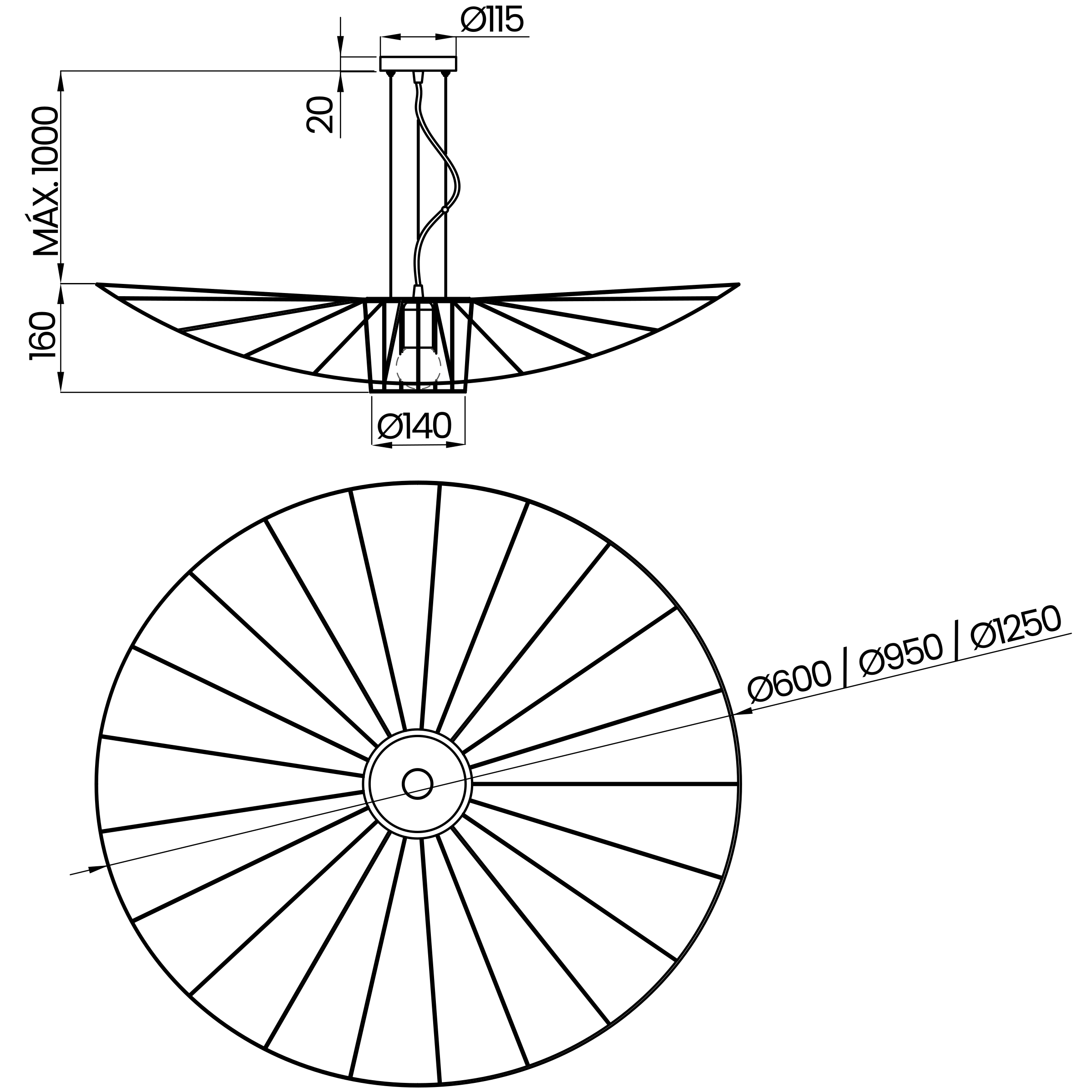 Desenho técnico cotado do pendente, da Usina Design