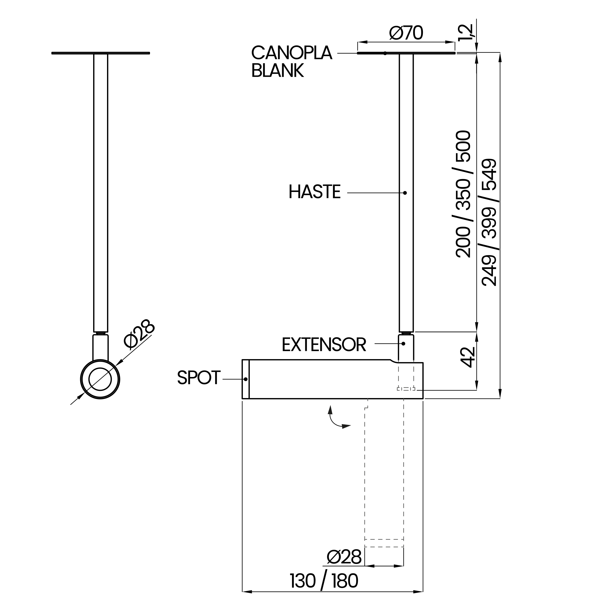 Desenho técnico cotado do spot, da Usina Design