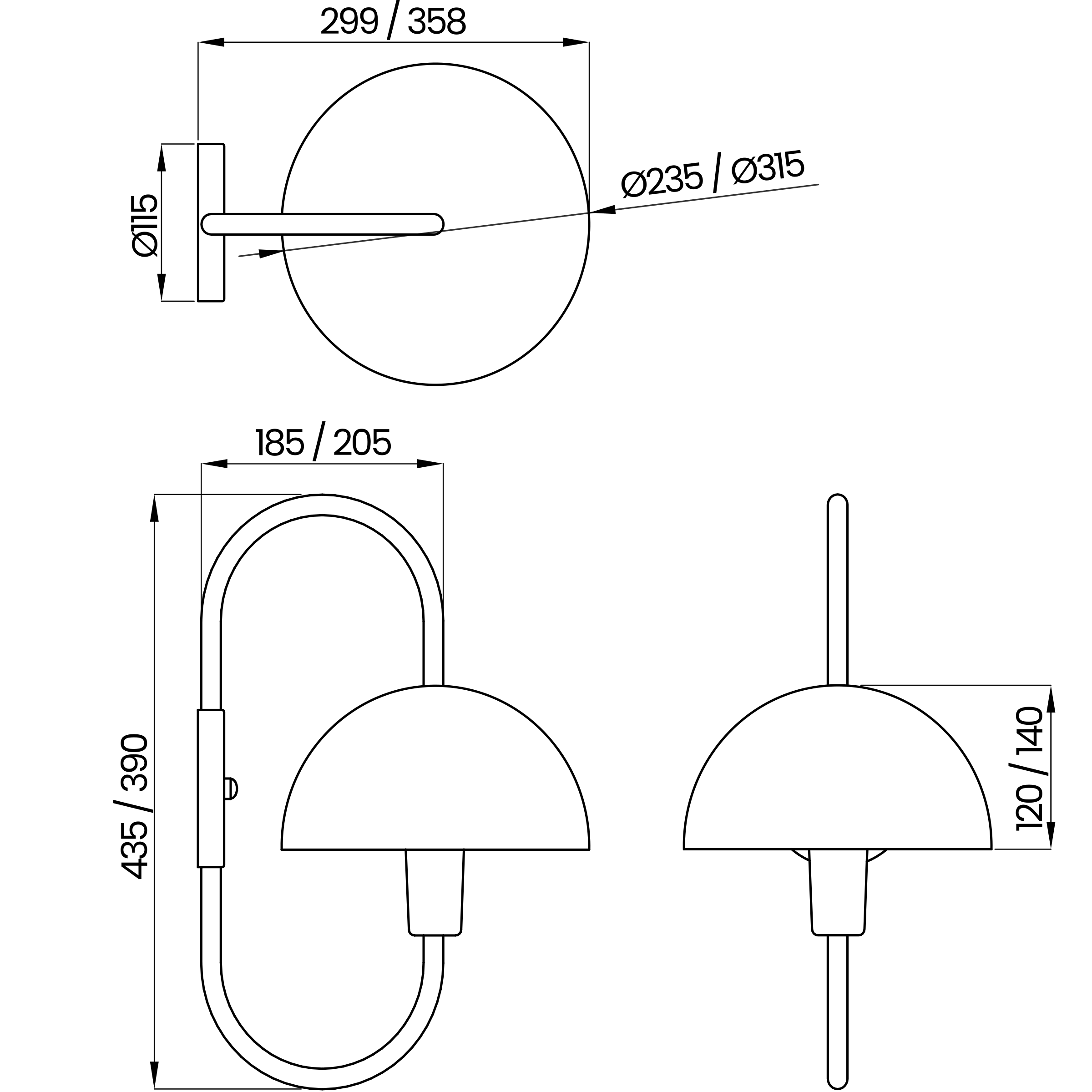 Desenho técnico cotado da arandela, da Usina Design