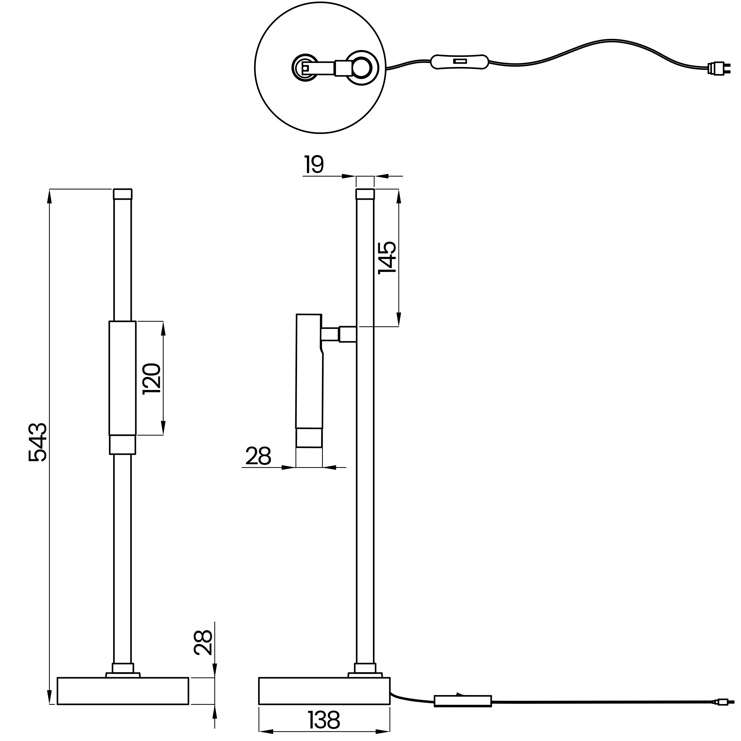 Desenho técnico cotado do abajur, da Usina Design