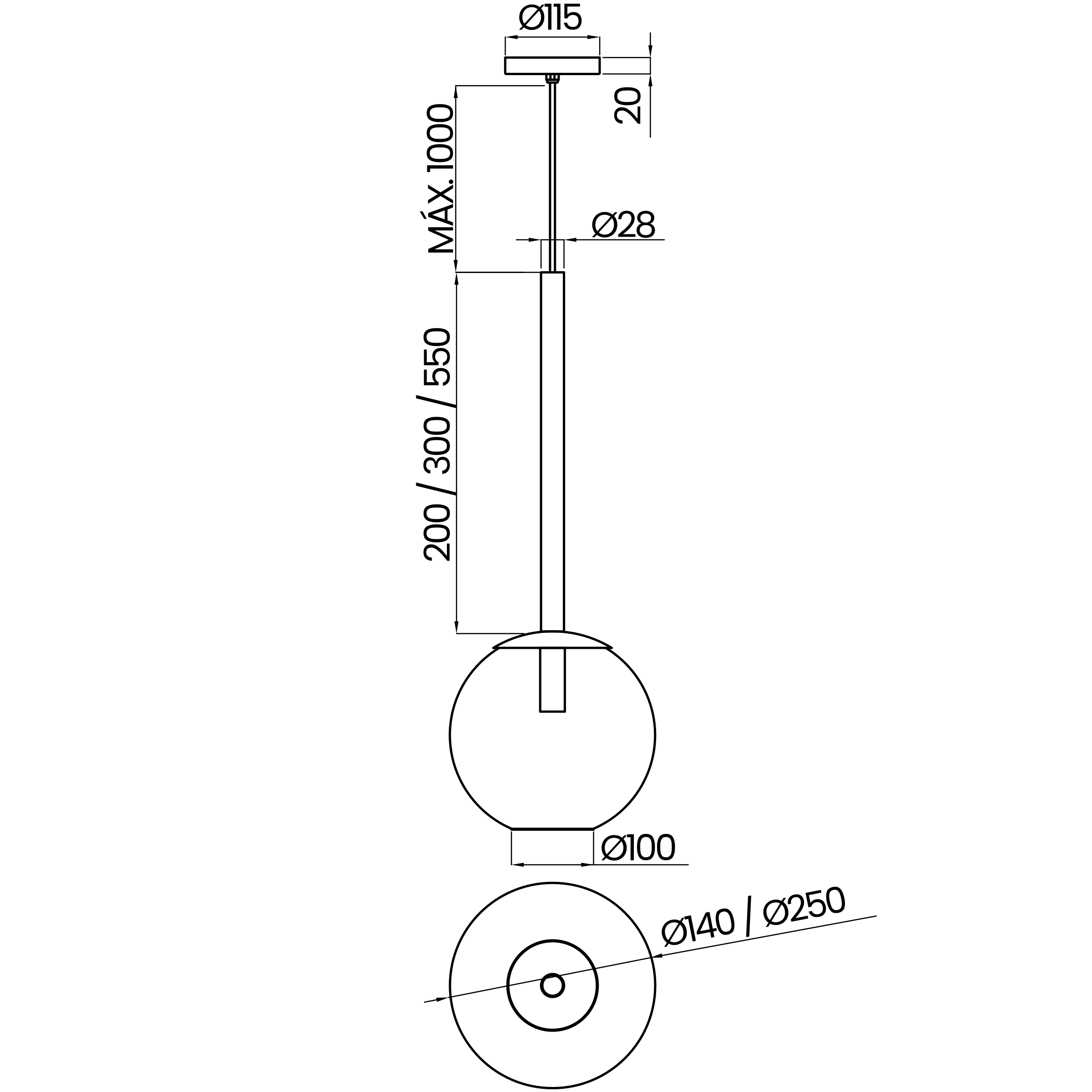 Desenho técnico cotado do pendente, da Usina Design
