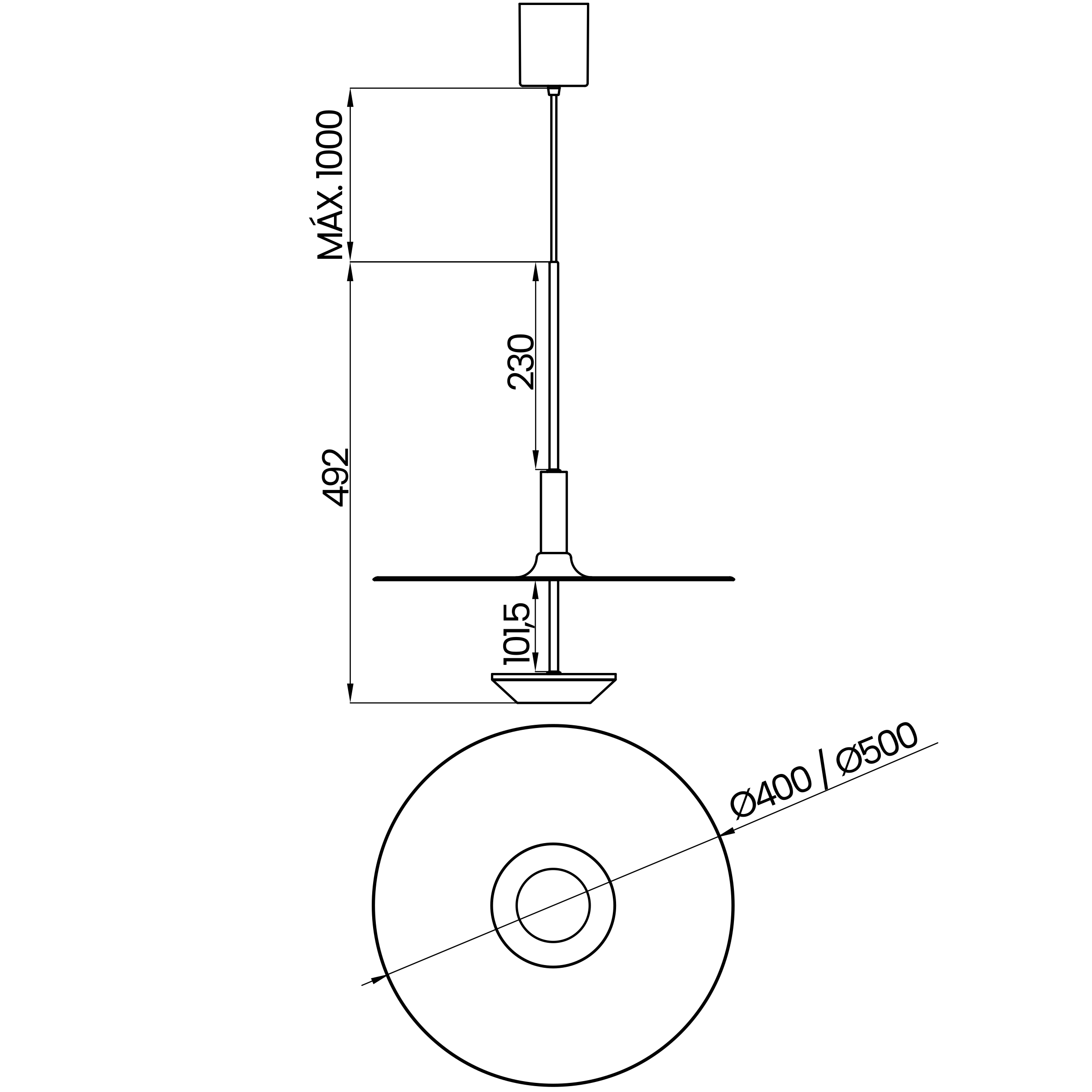 Desenho técnico cotado do pendente, da Usina Design