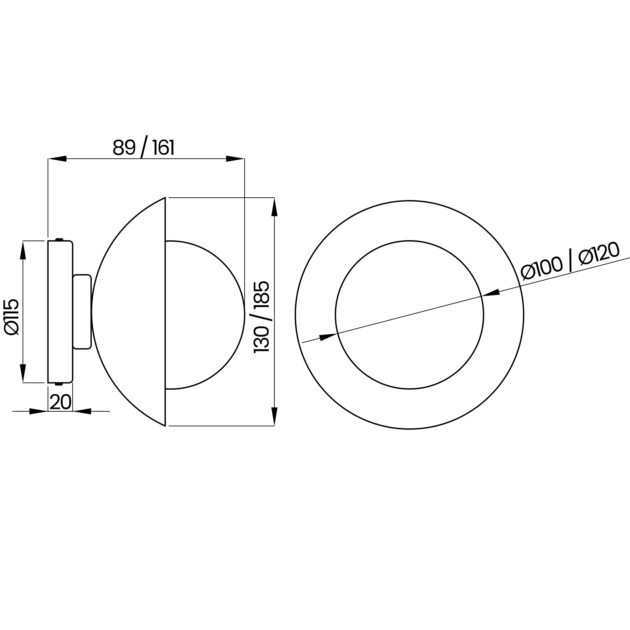 Desenho técnico cotado da arandela, da Usina Design