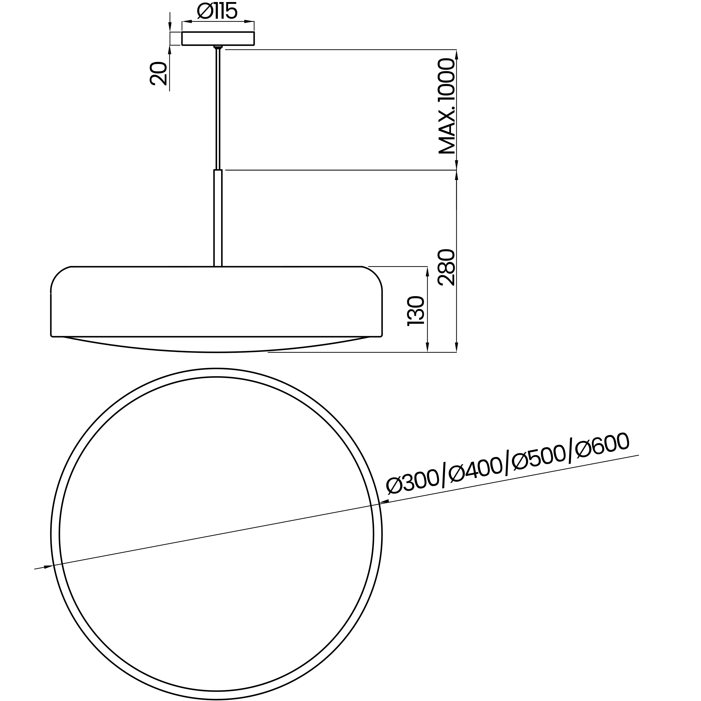 Desenho técnico cotado do pendente, da Usina Design