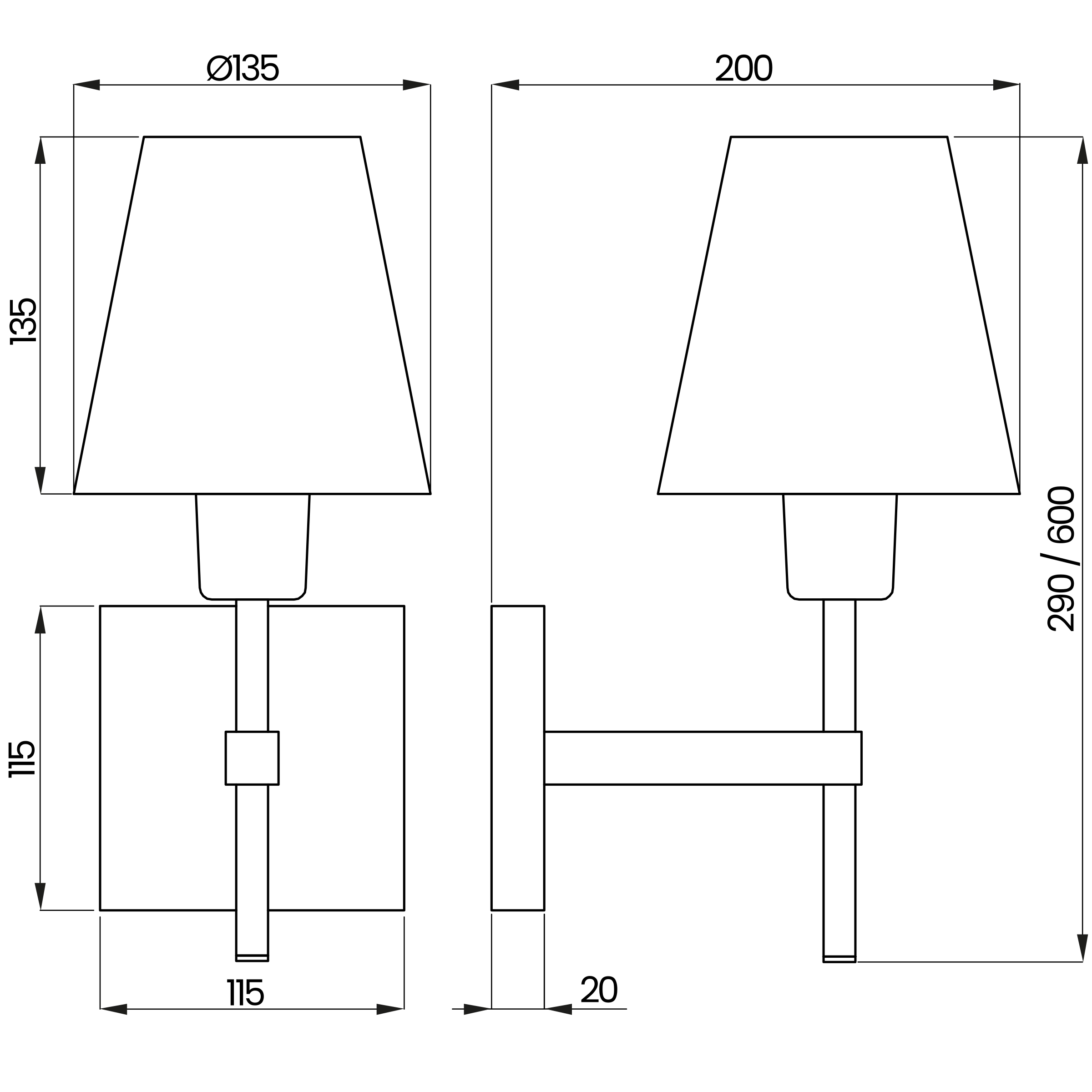 Desenho técnico cotado da arandela, da Usina Design