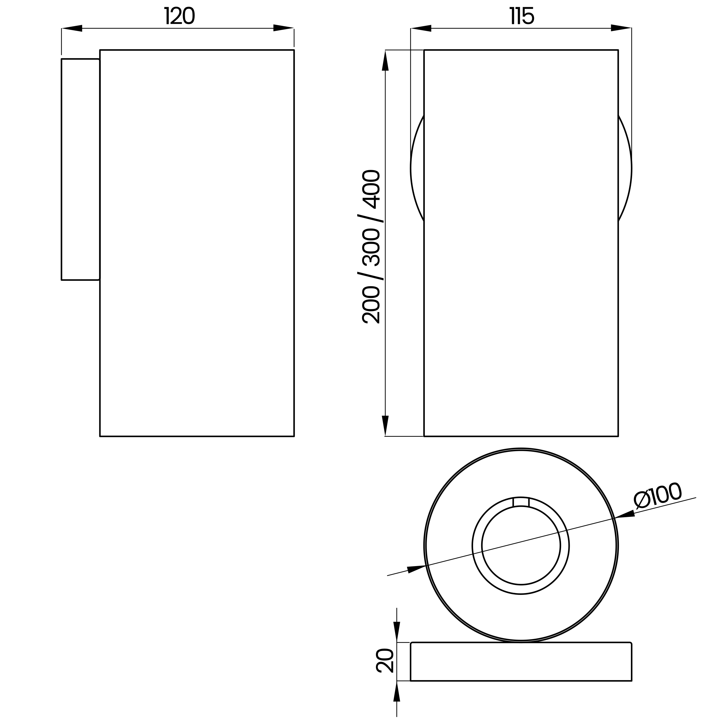 Desenho técnico cotado da arandela, da Usina Design