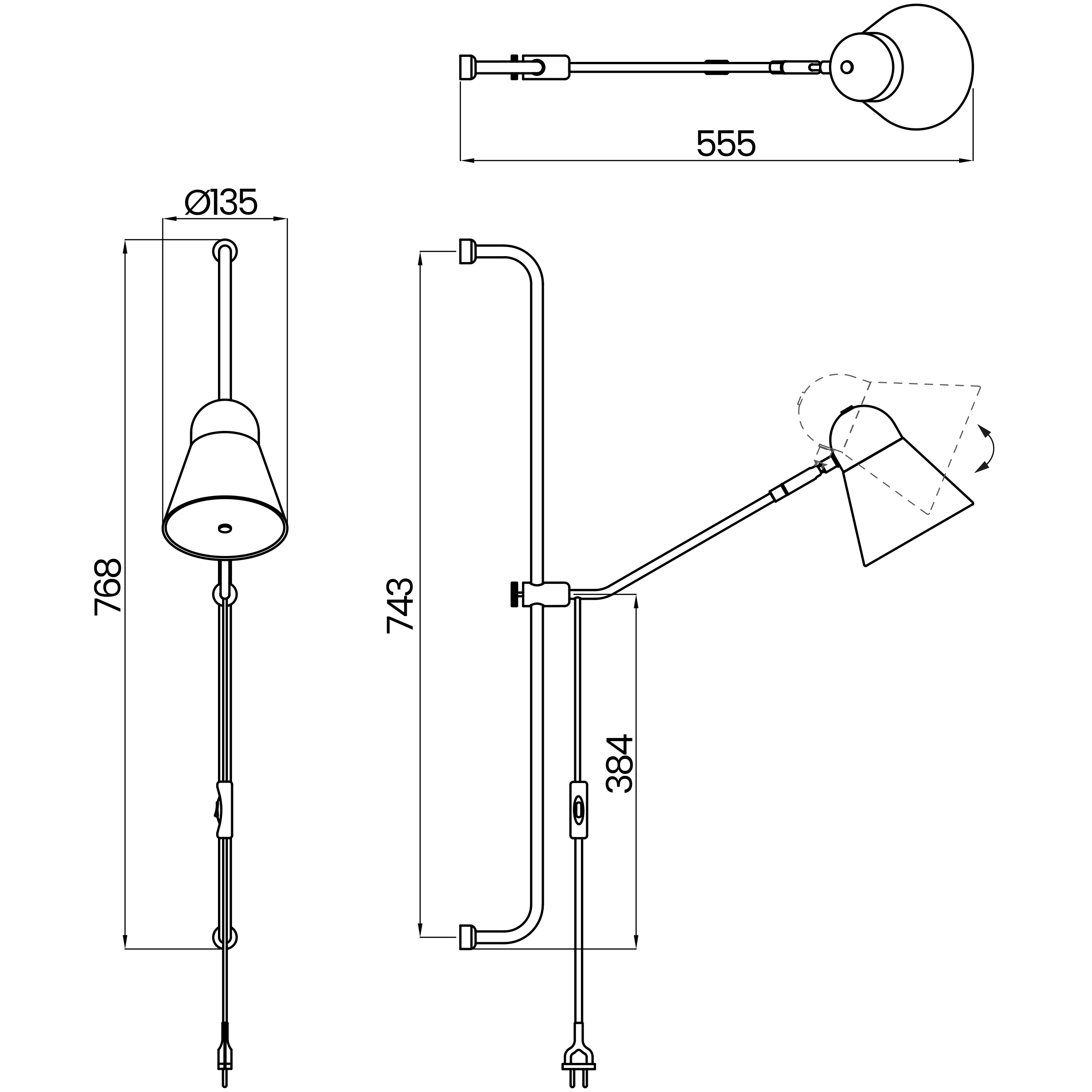 Desenho técnico cotado da arandela, da Usina Design