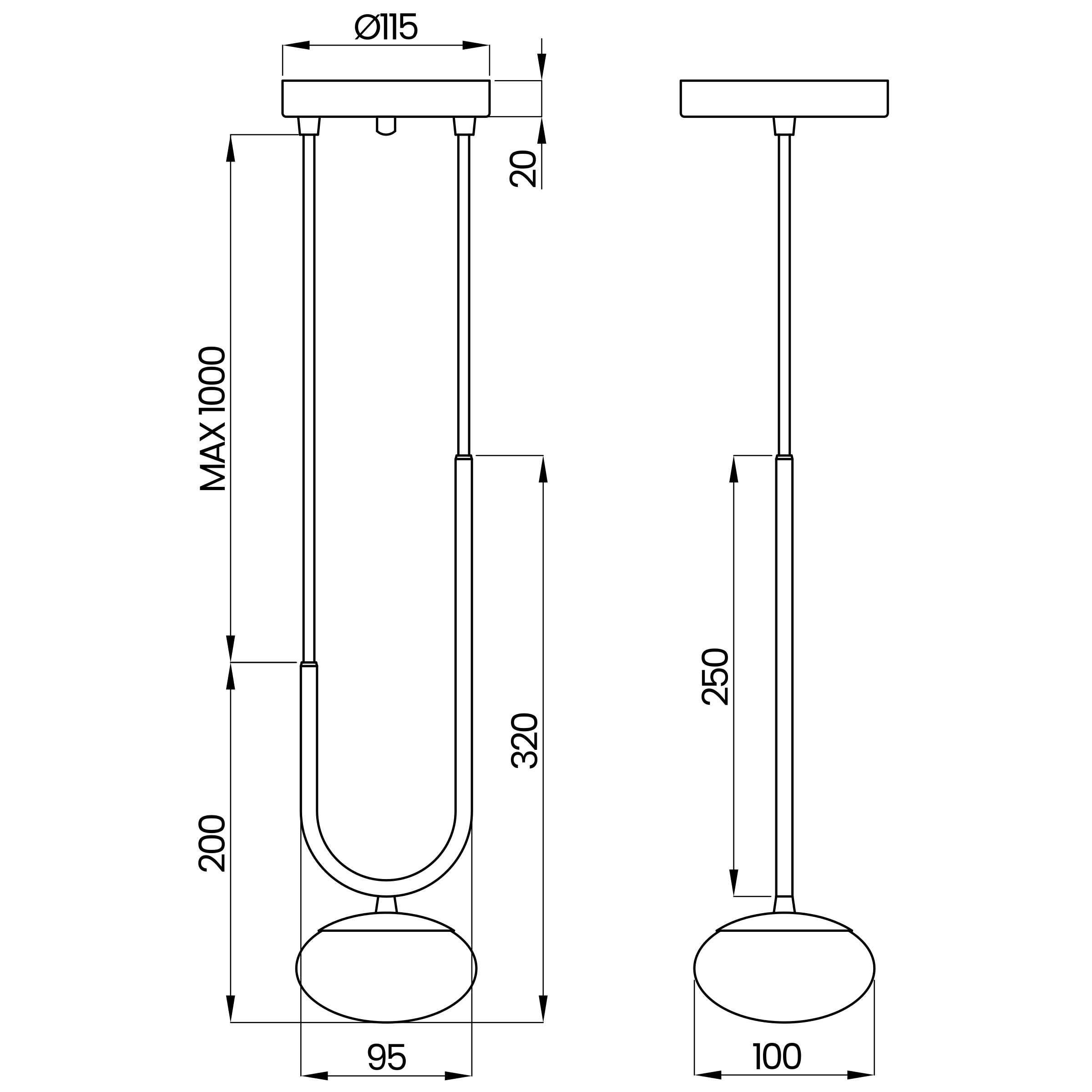 Desenho técnico cotado do pendente, da Usina Design