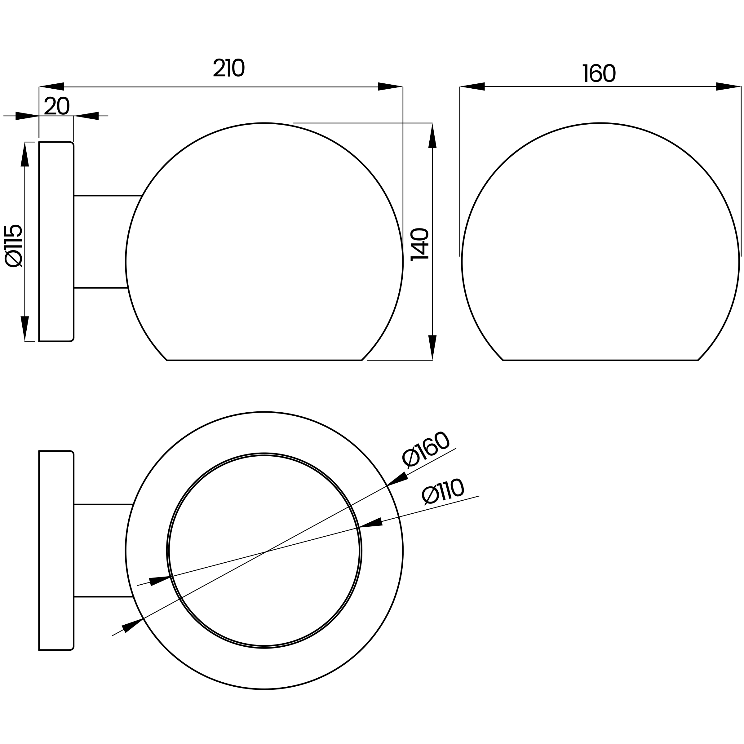 Desenho técnico cotado da arandela, da Usina Design