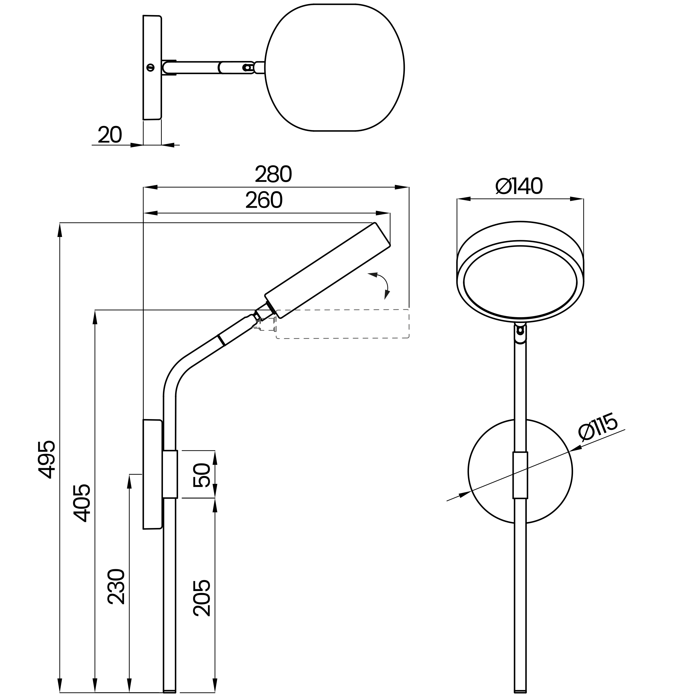 Desenho técnico cotado da arandela, da Usina Design