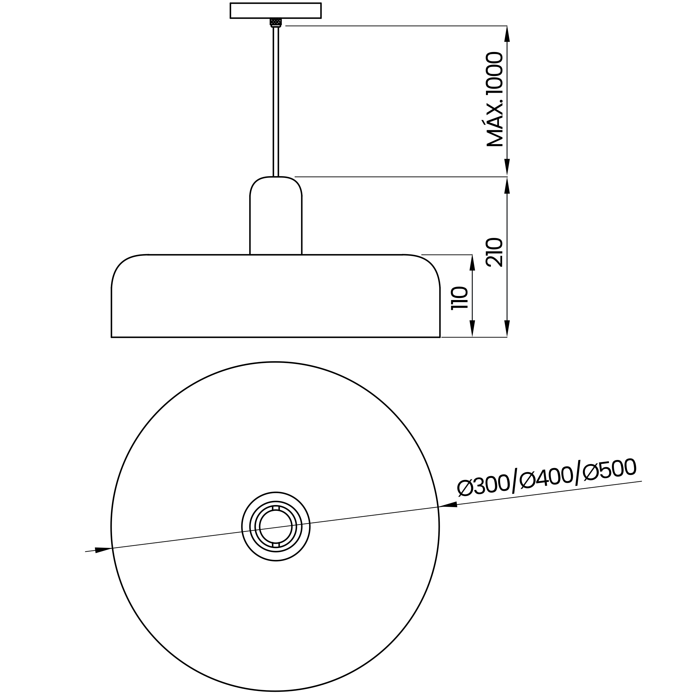 Desenho técnico cotado do pendente, da Usina Design