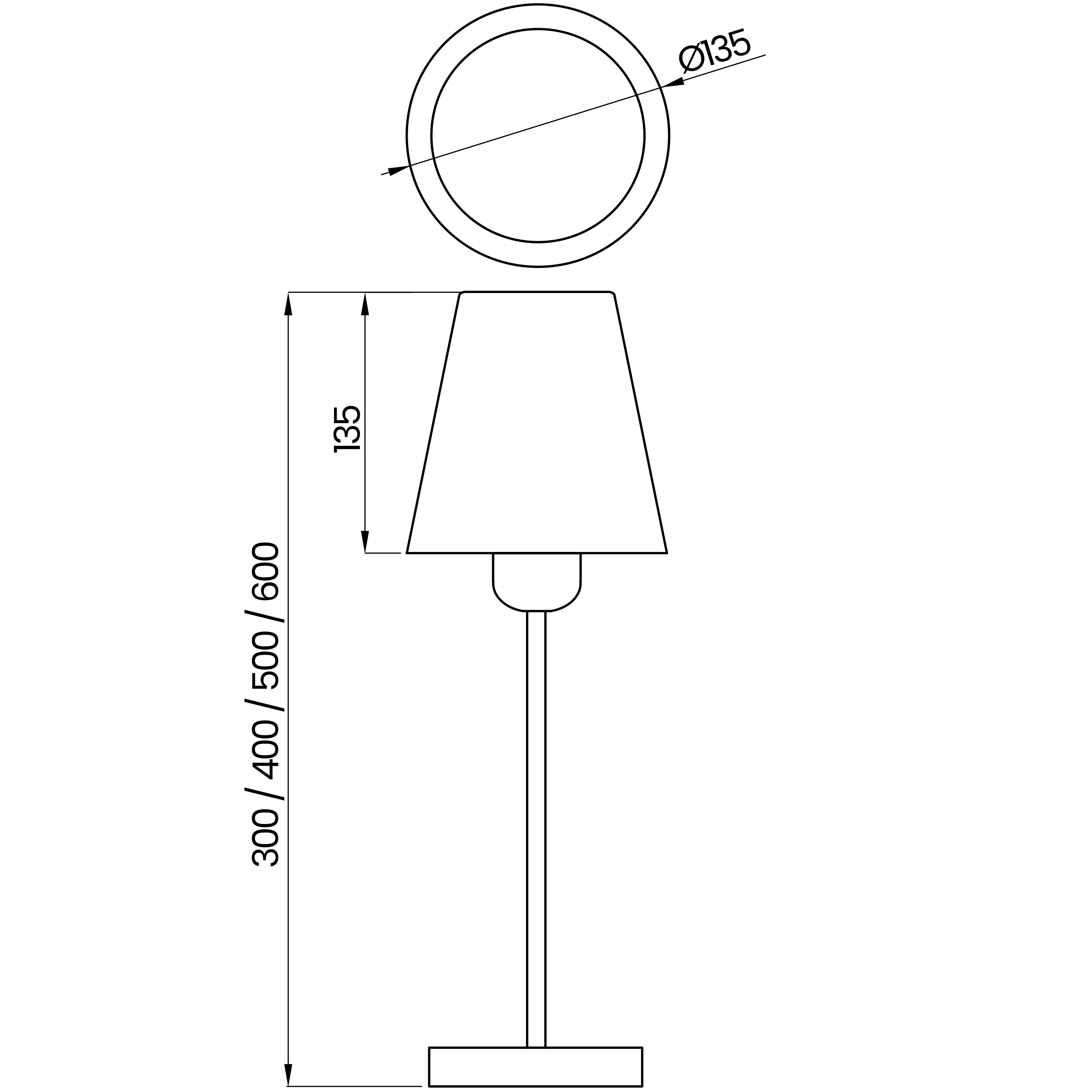 Desenho técnico cotado do abajur, da Usina Design