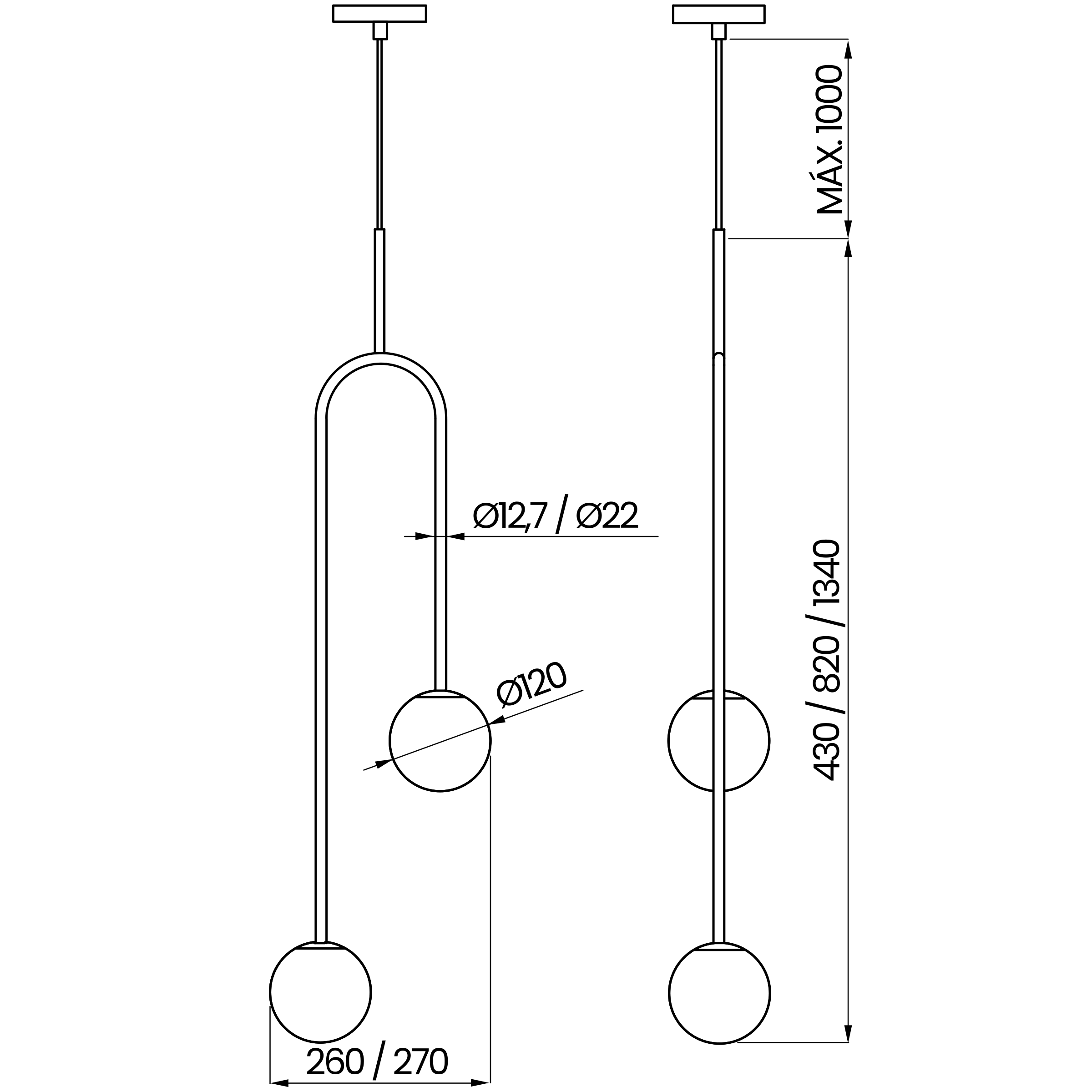 Desenho técnico cotado do pendente, da Usina Design