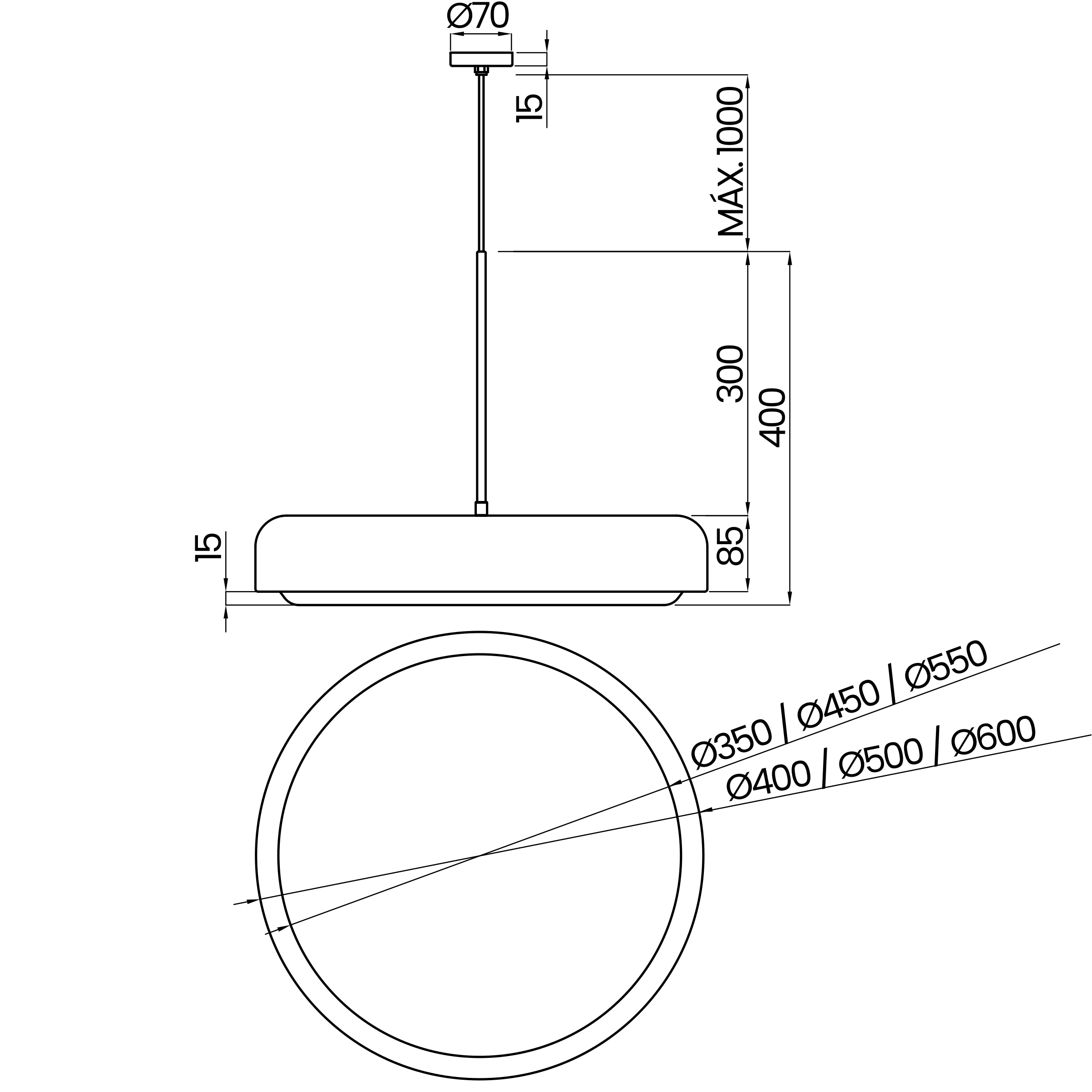 Desenho técnico cotado do pendente, da Usina Design