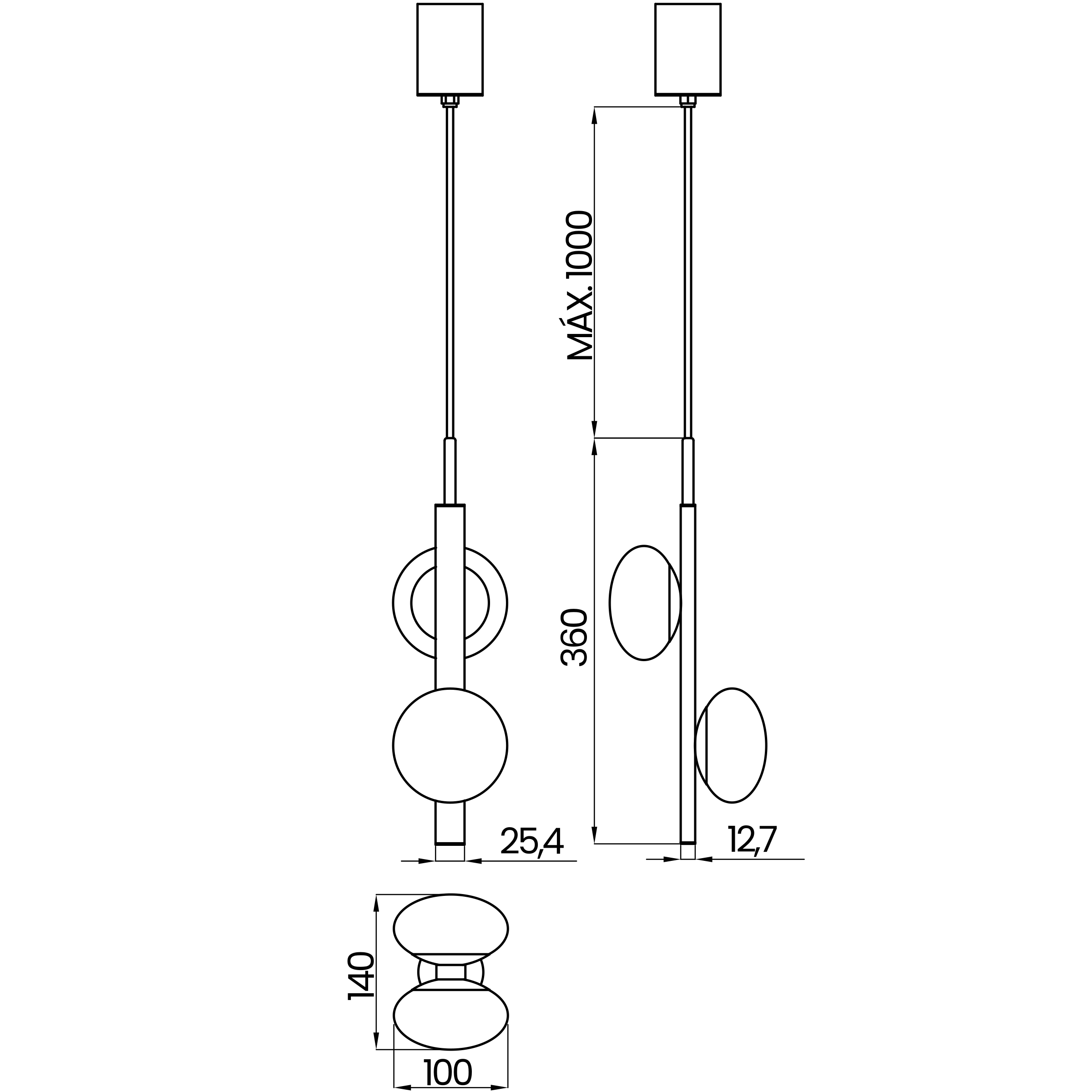 Desenho técnico cotado do pendente vertical, da Usina Design