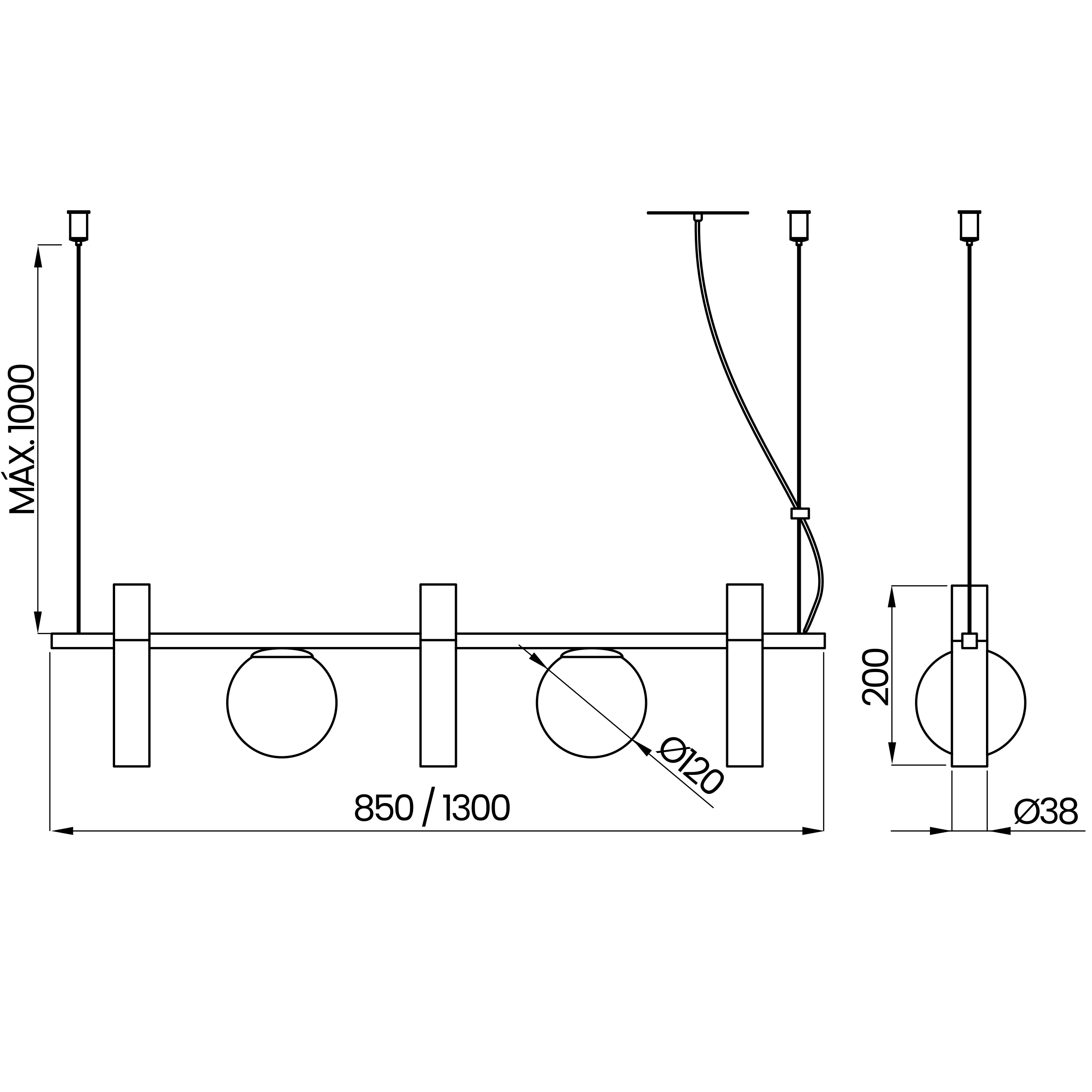 Desenho técnico cotado do pendente, da Usina Design