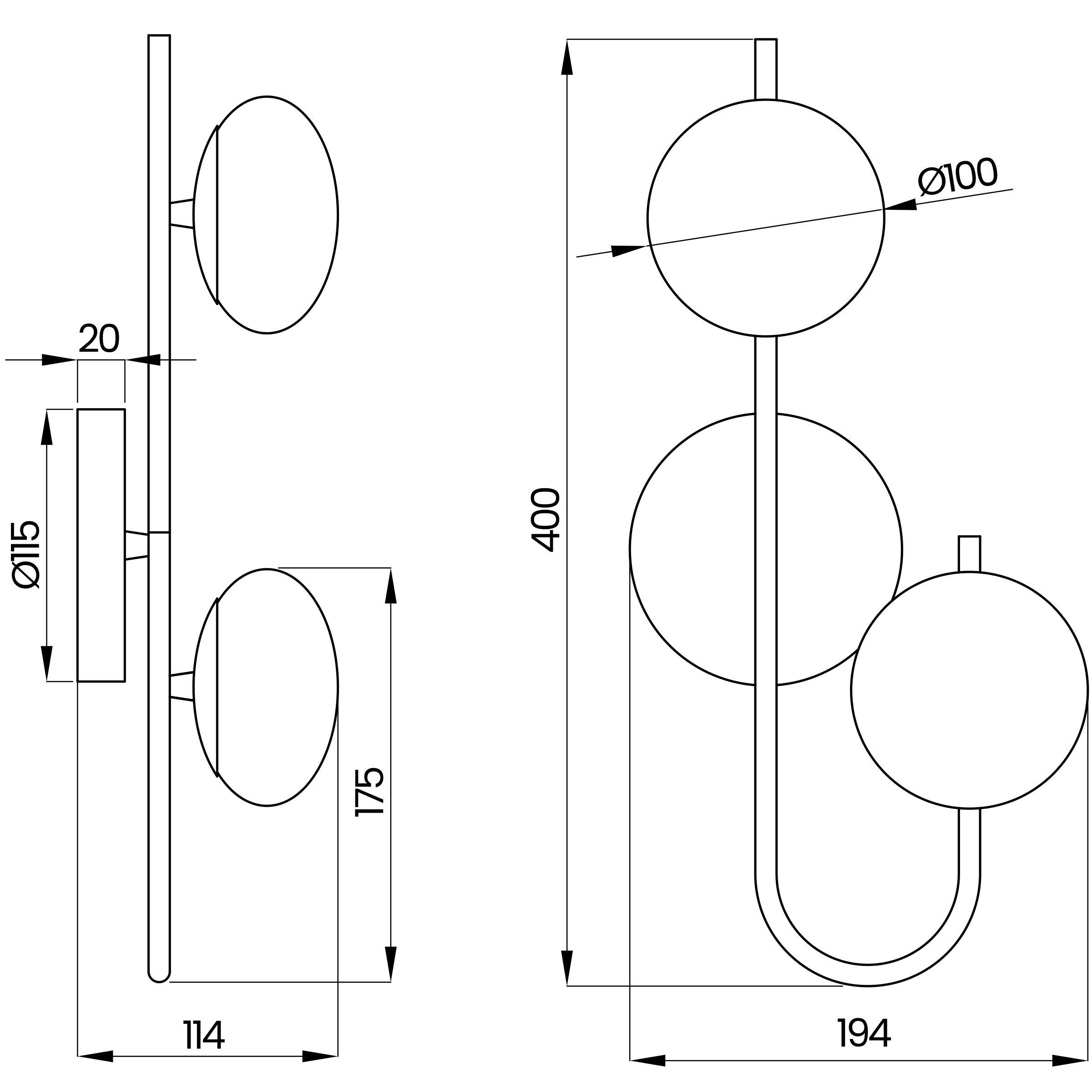 Desenho técnico cotado da arandela, da Usina Design