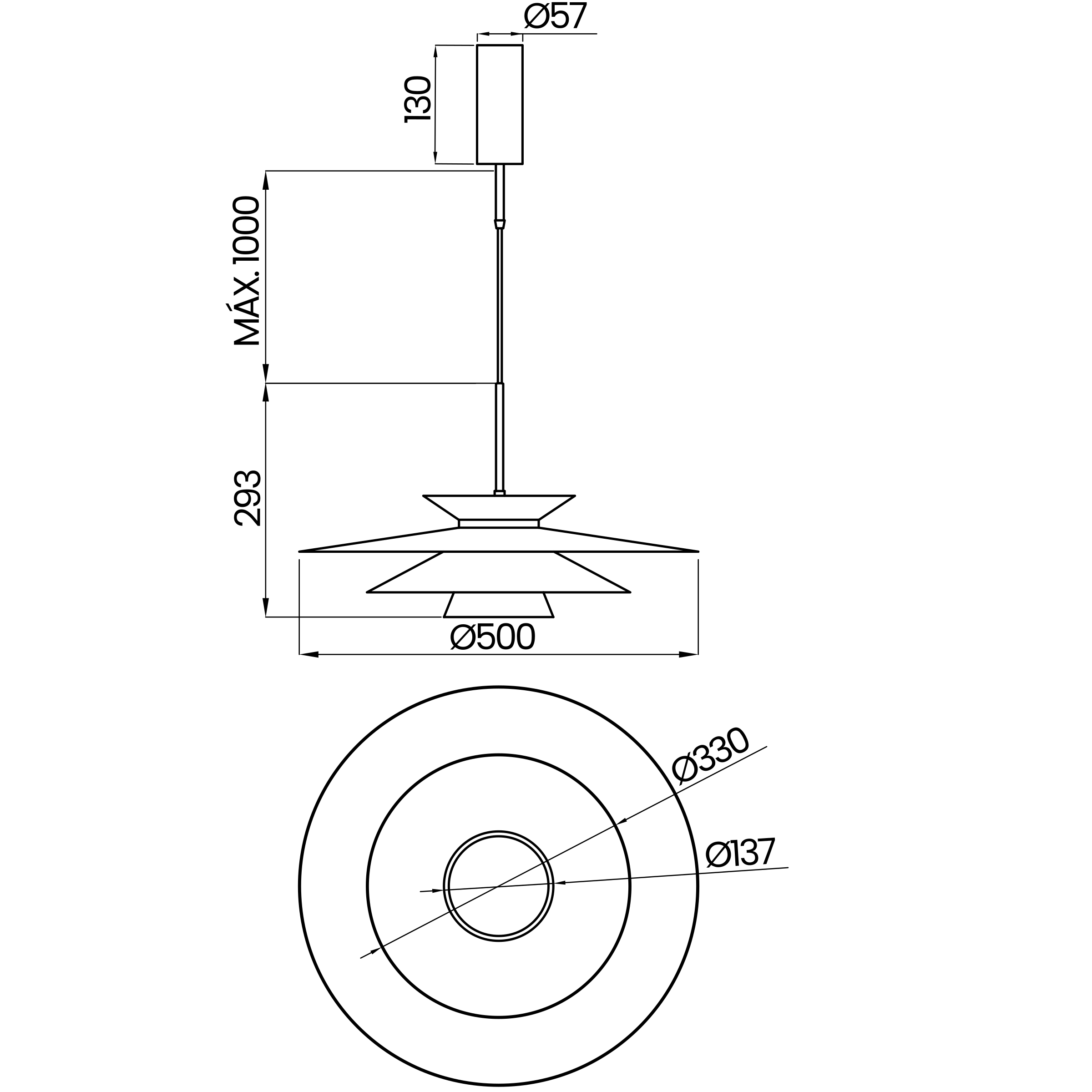 Desenho técnico cotado do pendente, da Usina Design