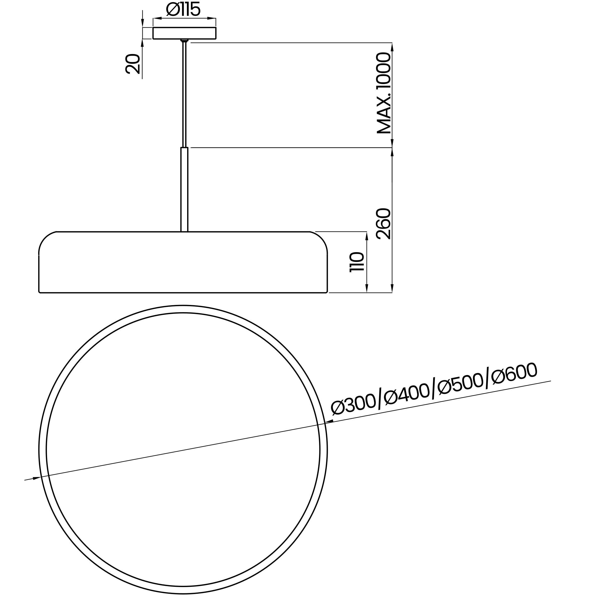 Desenho técnico cotado do pendente, da Usina Design