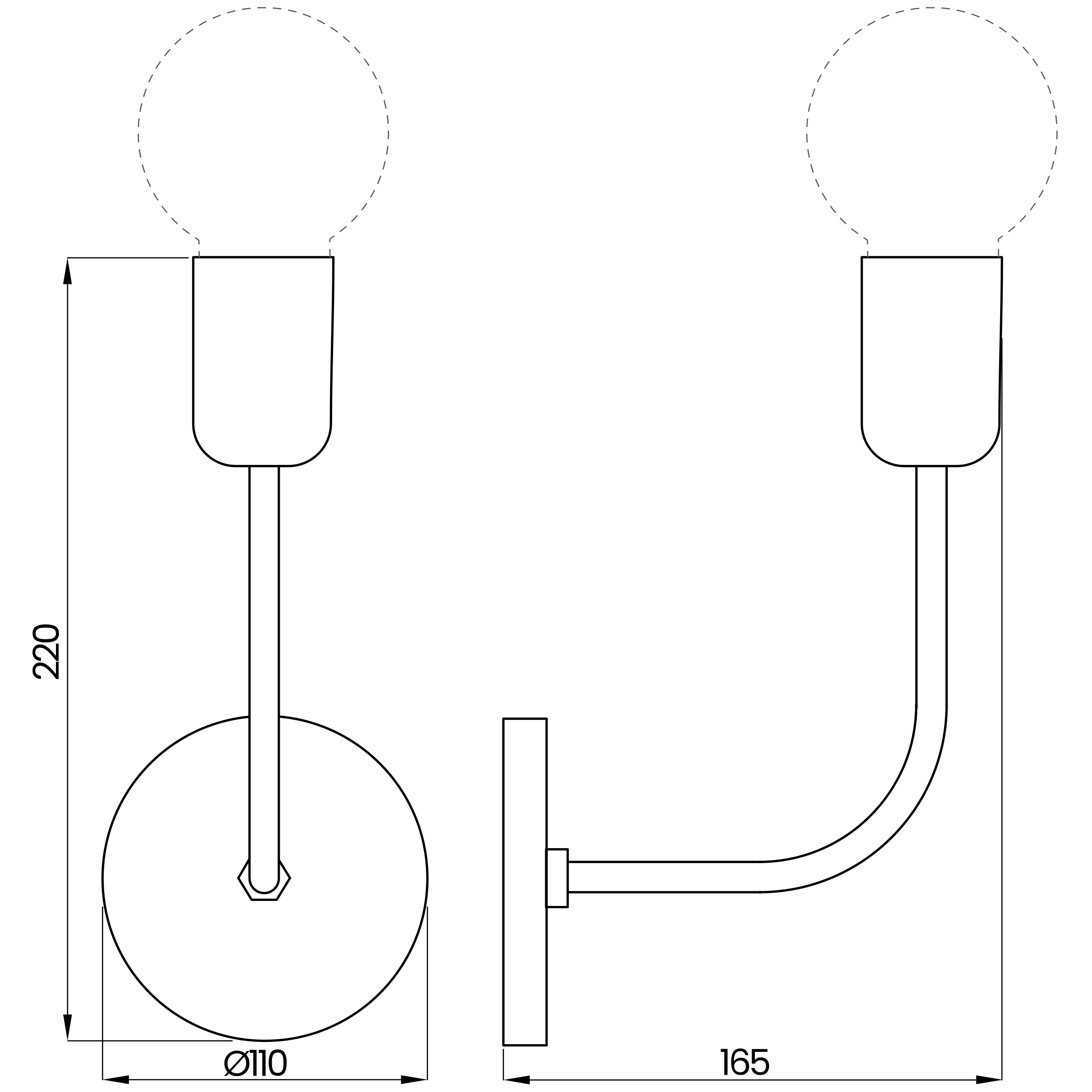 Desenho técnico cotado da arandela, da Usina Design