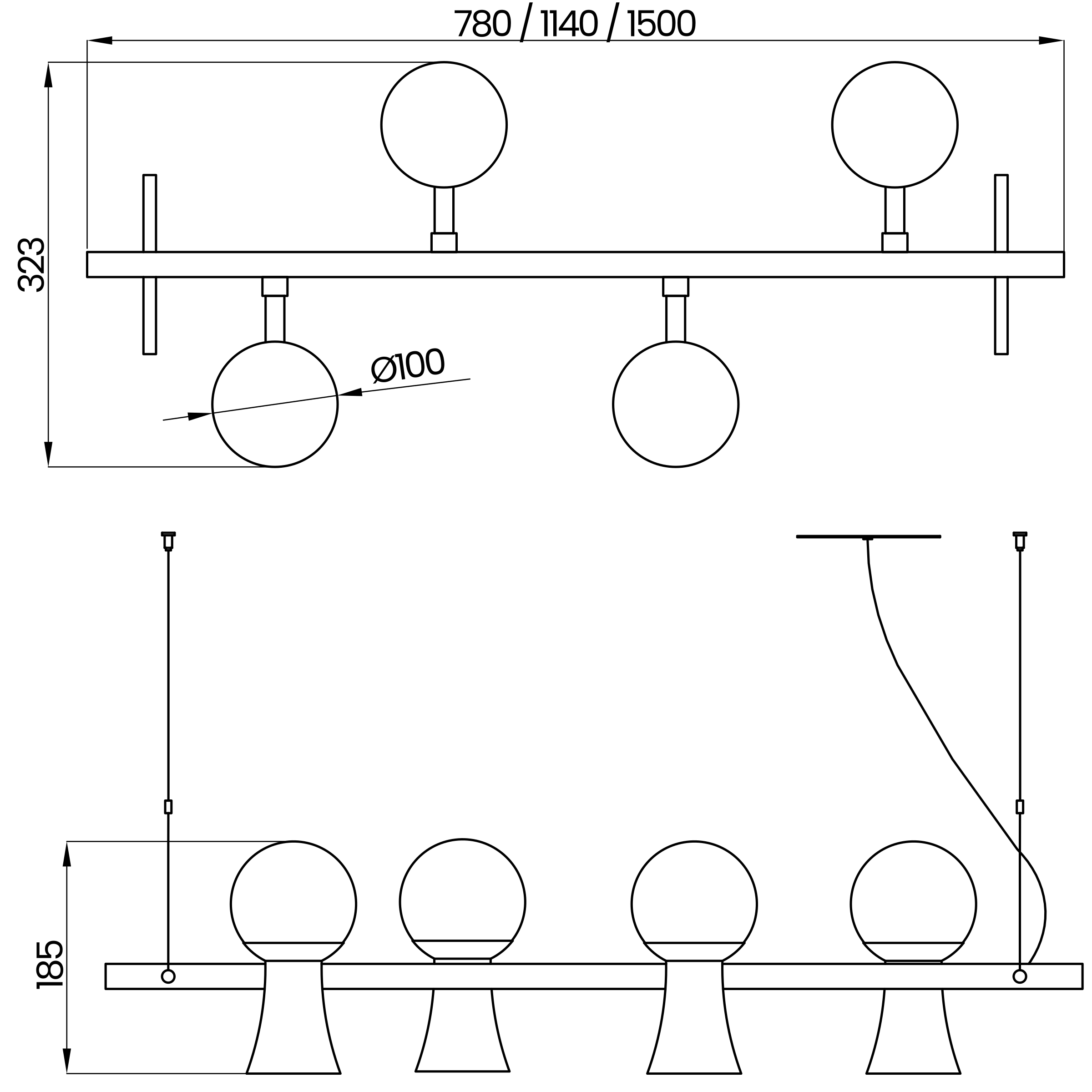 Desenho técnico cotado do pendente, da Usina Design