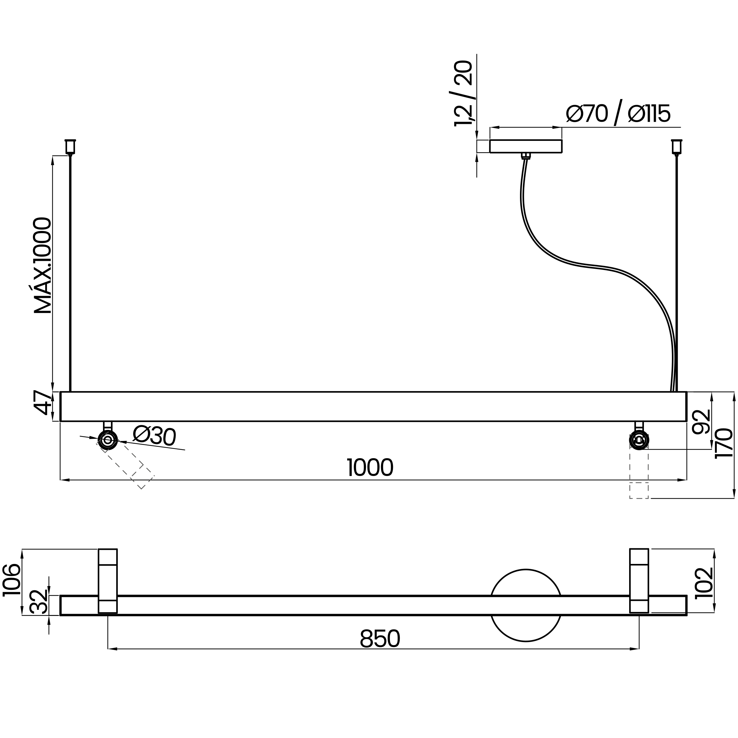 Desenho técnico cotado do pendente, da Usina Design