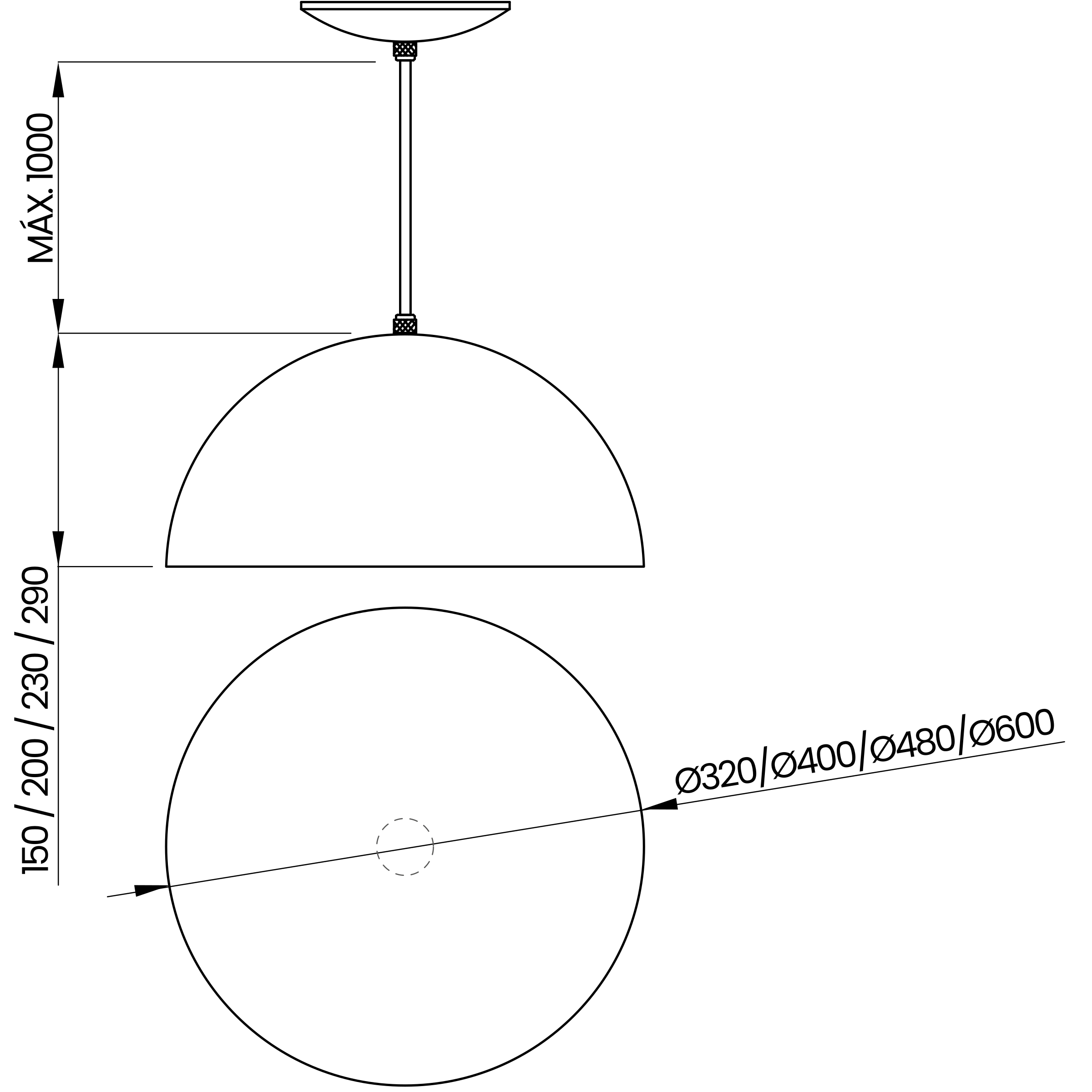 Desenho técnico cotado do pendente, da Usina Design
