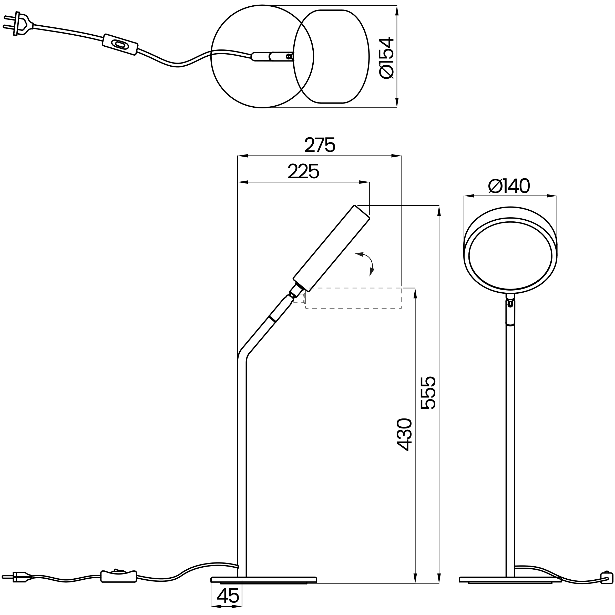 Desenho técnico cotado do abajur, da Usina Design