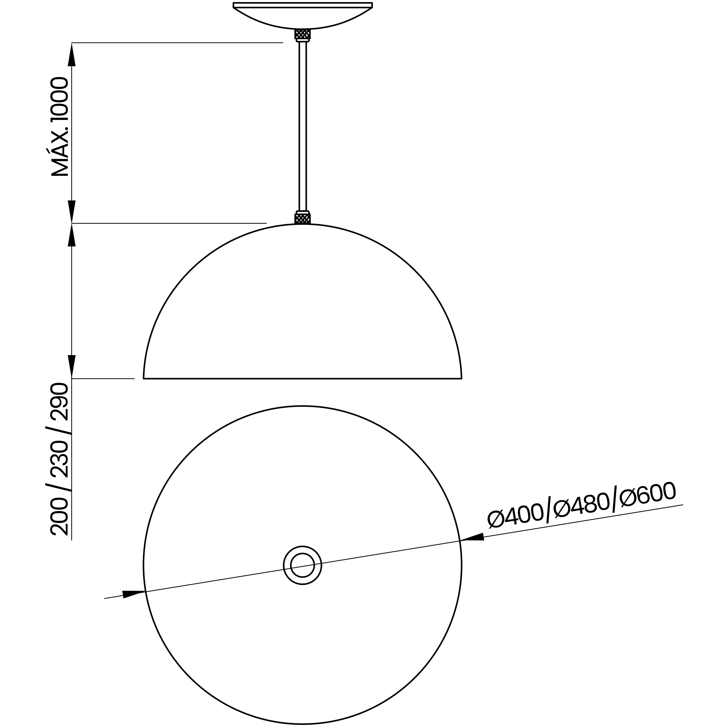 Desenho técnico cotado do pendente, da Usina Design